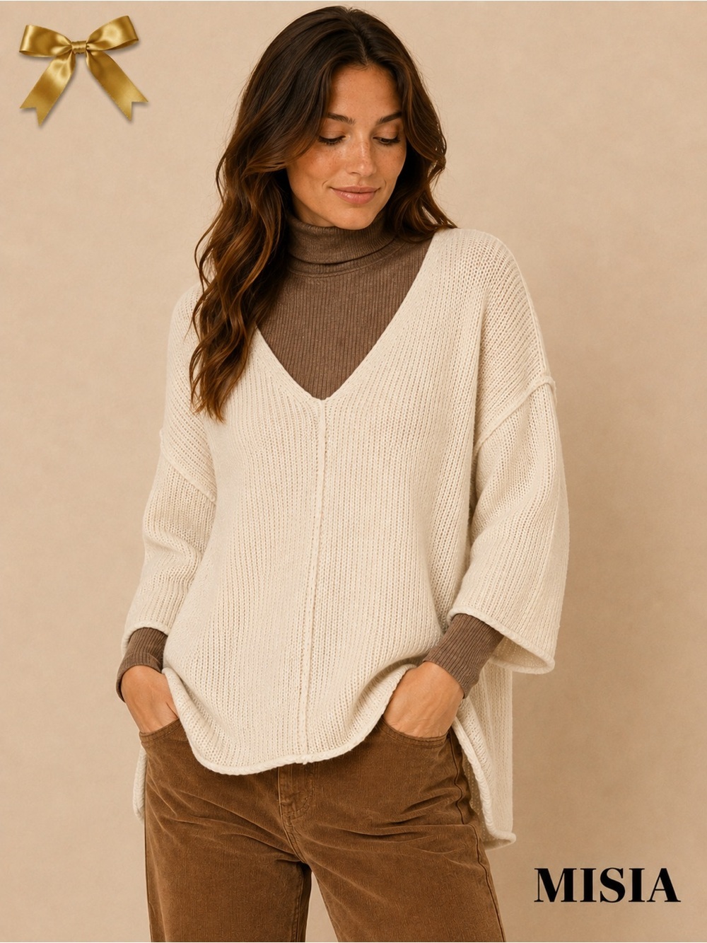 Misia Cream Acrylic Sweater Deep VNeck 3/4 Sleeve Rolled Hem Dropped Shoulders M